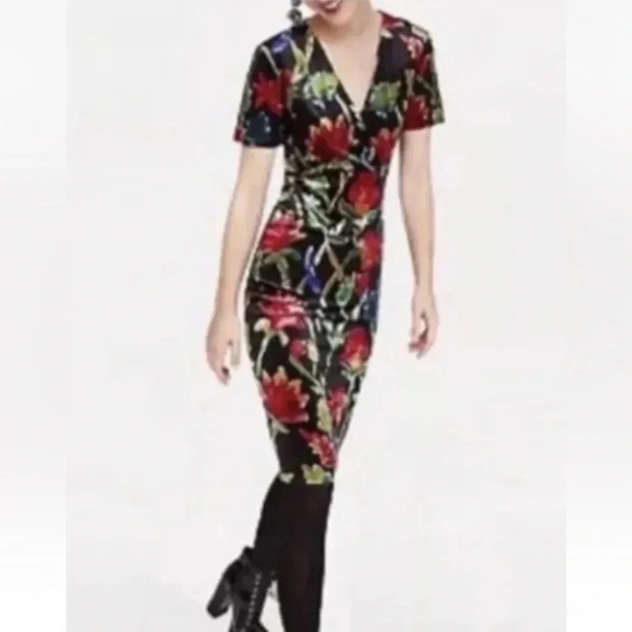 ZARA Womens Midi Dress Velvet Floral Faux Wrap V-Neck Sheath Dress Size Small - Picture 8 of 10